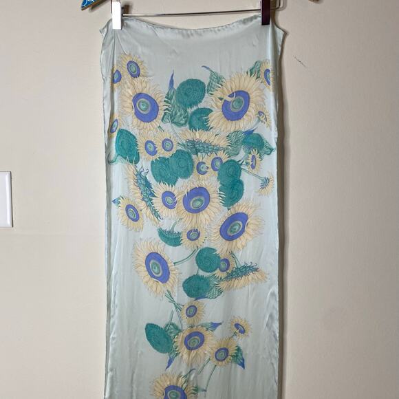 SALVATORE FERRAGAMO Vintage Silk Sunflower Print Pale Blue Long Length Scarf - Picture 3 of 7